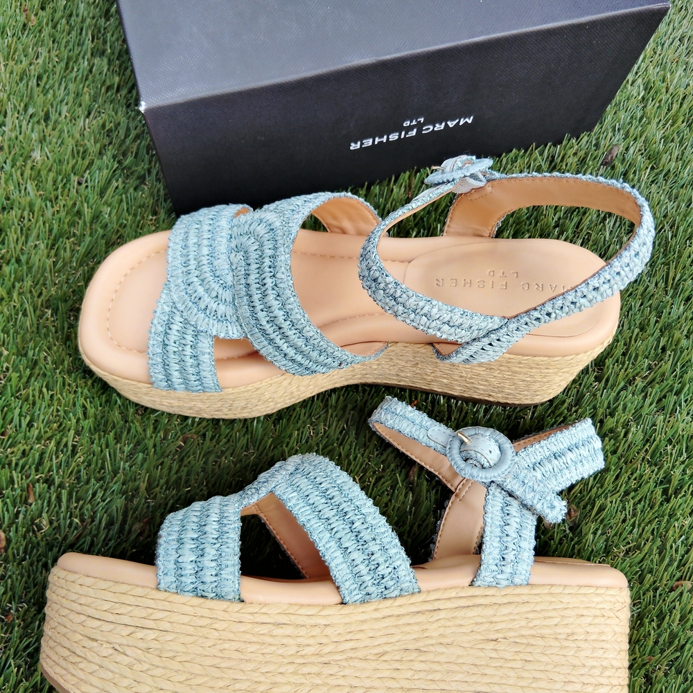 Marc Fisher Light Blue Woven Platform Espadrille Sandals